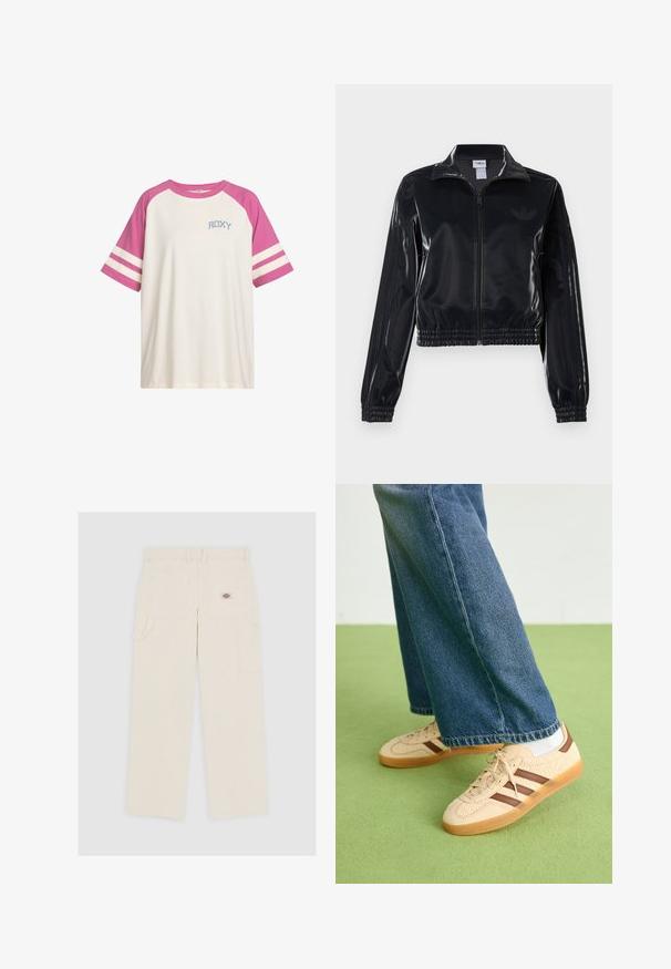 Veste de survêtement noire brillante à fermeture éclair, avec des poignets et un ourlet élastiques, arborant de subtils détails à trois rayures sur les manches et un logo ton sur ton sur le torse.; T-shirt blanc à manches courtes avec des manches raglan roses, deux rayures blanches sur chaque manche, et "ROXY" imprimé sur la poitrine en bleu.; Pantalons cargo beige clair en coton, présentant une coupe droite, plusieurs poches et un petit logo de marque sur la poche arrière.; Baskets beiges avec des panneaux crémeux texturés et des rayures brunes, accompagnées d'un jean en denim bleu. Le jean a une coupe large et un ourlet effiloché.