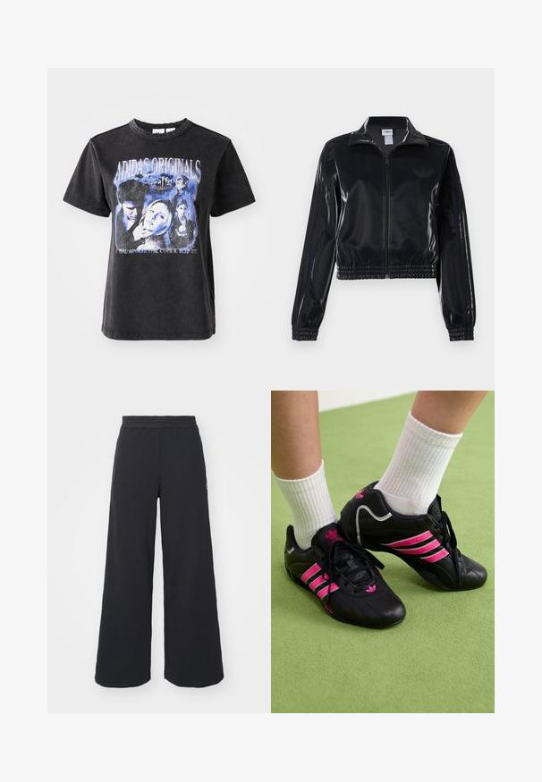 Veste de survêtement noire brillante à fermeture éclair, avec des poignets et un ourlet élastiques, arborant de subtils détails à trois rayures sur les manches et un logo ton sur ton sur le torse.; T-shirt en coton noir à manches courtes, présentant une impression graphique délavée de personnages de "Buffy contre les vampires" aux tons bleus.; Pantalons de survêtement larges noirs en tissu doux, dotés d'une taille élastique et d'un petit logo sur le côté gauche.; Chaussures de sport noires avec trois rayures roses, tige en cuir texturé, lacets noirs et détail de logo, portées avec des chaussettes blanches à côtes sur un sol vert.