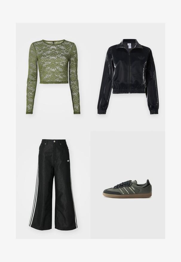 Juodas blizgus zip-up sportinis švarkas su elastinėmis rankovėmis ir apatine dalimi, su subtiliais trimis juostomis ant rankovių ir toniniu logotipu krūtinėje.; Alyvuogių žalia, ilgomis rankovėmis, pasiekiančiu viršūnės kraštą, nėrinių viršus, puošiamas gėlių raštais, su apvaliu iškirpimu ir vientisu apvadu. Skaidri tekstūra visame gaminyje.; Juodos plačios džinsinės kelnės su trimis baltais juostelėmis kiekvienoje pusėje ir mažu baltu logotipu. Yra priekiniai kišenės ir sagčių užsegimas.; adidas Originals SAMBA OG - Sportbačiai - core black/legend earth/gum