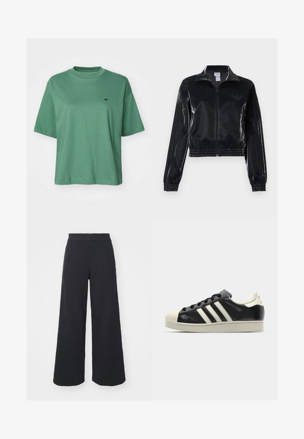 Chaqueta de chándal negra y brillante con cremallera, puños y dobladillo elásticos, que presenta un sutil detalle de tres rayas en las mangas y un logotipo tono sobre tono en el pecho.; Carhartt WIP CHESTER - Camiseta básica - duck green; Pantalones de chándal negros de pierna ancha, hechos de una tela suave, con una cintura elástica y un pequeño logo en el lado izquierdo.; Zapatilla de cuero negro con rayas blancas, puntera de goma, cordones negros y suela color crema. Textura suave con acabado brillante.