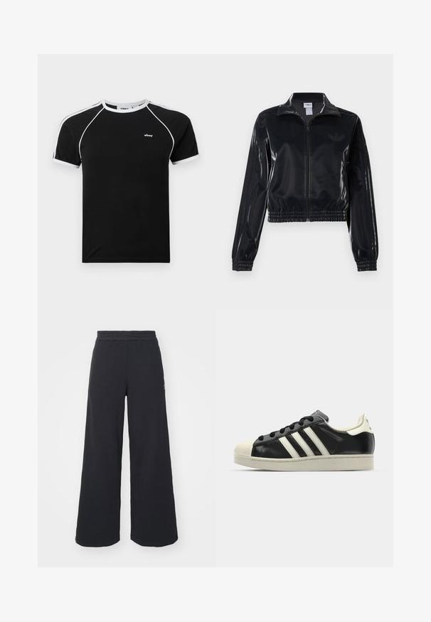 Černá lesklá sportovní bunda na zip s elastickými manžetami a lemem, s jemným trojpruhovým detailem na rukávech a tónovým logem na hrudi.; Černé tričko s bílými akcenty, vybavené kulatým výstřihem, krátkými raglánovými rukávy a malým logem na hrudi. Vyrobeno z měkké tkaniny.; Černé široké tepláky vyrobené z měkké tkaniny, s elastickým pasem a malým logem na levé straně.; Černé kožené sneakers s bílými pruhy, gumovou špičkou, černými tkaničkami a krémovou podešví. Hladký povrch s lesklým finišem.