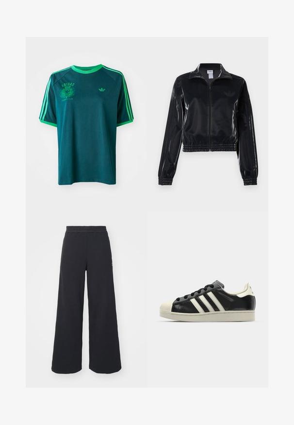 Juodas blizgus zip-up sportinis švarkas su elastinėmis rankovėmis ir apatine dalimi, su subtiliais trimis juostomis ant rankovių ir toniniu logotipu krūtinėje.; Žalioji medvilnės marškinėliai su žaliais akcentais, turintys apvalų kaklą, raglan stiliumi rankovėmis ir spaudintu Adidas logotipu ant krūtinės ir rankovės.; Juoda plačių kojų sportinė kelnė, pagaminta iš minkštos medžiagos, su elastinga juosmens juosta ir mažu logotipu kairėje pusėje.; Juodi odiniai sportiniai bateliai su baltais dryžiais, guminis toe kapas, juodi raišteliai ir kreminis padas. Lygus pavirčius su blizgiu finišu.