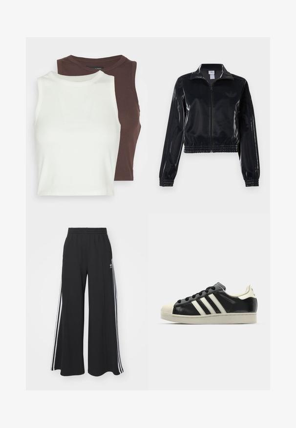 Zwarte glanzende zip-up trainingsjack met elastische mouwen en zoom, met subtiele drie-strepen details op de mouwen en een tonale logo op de borst.; Twee geribde, mouwloze tops in wit en donkerbruin. Beide hebben een hoge halslijn en zijn gemaakt van een zacht, rekbaar materiaal, perfect voor het overschijnen.; Zwarte wijde sweatpants met een elastische tailleband, met witte zijstrepen en een geborduurd logo op de linker dij.; Zwarte leren sneaker met witte strepen, rubberen teenbescherming, zwarte veters en een crèmekleurige loopzool. Glad oppervlak met een glanzende afwerking.
