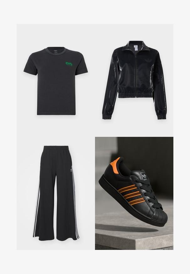 Černá lesklá sportovní bunda na zip s elastickými manžetami a lemem, s jemným trojpruhovým detailem na rukávech a tónovým logem na hrudi.; Černé bavlněné tričko s kulatým výstřihem a krátkými rukávy. Na levé části hrudi se nachází zeleně vyšitý logo "Obey". Základní design, bez vzorů.; Černé pohodlné tepláky širokého střihu s elastickým pasem, na boční straně s bílými pruhy a vyšitým logem na levé stehně.; Černé tenisky s oranžovými akcenty, třemi horizontálními pruhy, texturovaným koženým svrškem, gumovou špicí a černými tkaničkami.