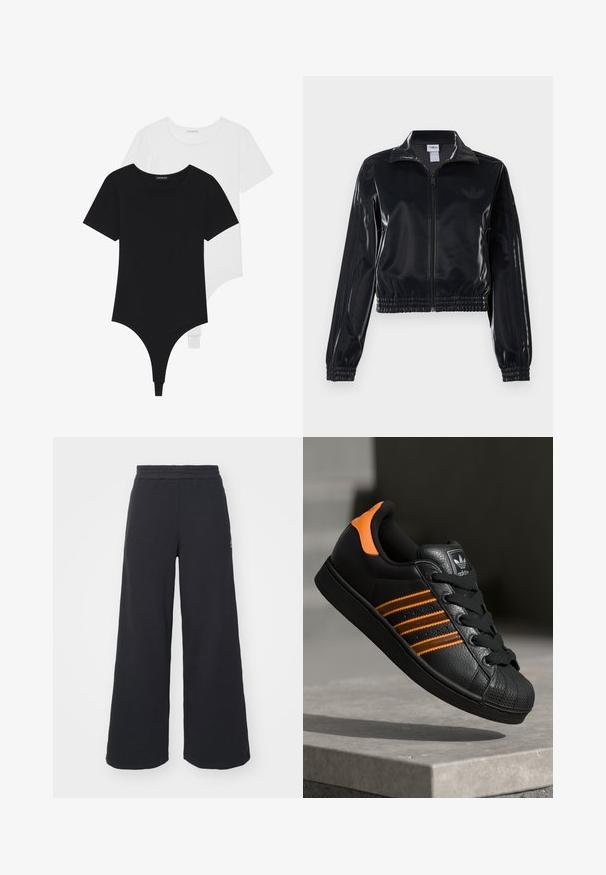 Jachetă sport neagră, lucioasă, cu fermoar, cu manșete și tiv elastic, având detalii subtile cu trei dungi pe mâneci și un logo tonal pe piept.; Body-uri scurte din materiale negre și albe, cu mâneci scurte, decolteu rotund și fund întreg tip thong, fabricate dintr-un material neted și elastic.; Pantaloni de trening negri, cu picioare largi, confecționați dintr-un material moale, având un talie elastică și un logo mic pe partea stângă.; Adidași negri cu accente portocalii, trei dungi orizontale, parte superioară din piele texturată, capac de cauciuc pentru vârf și șireturi negre.