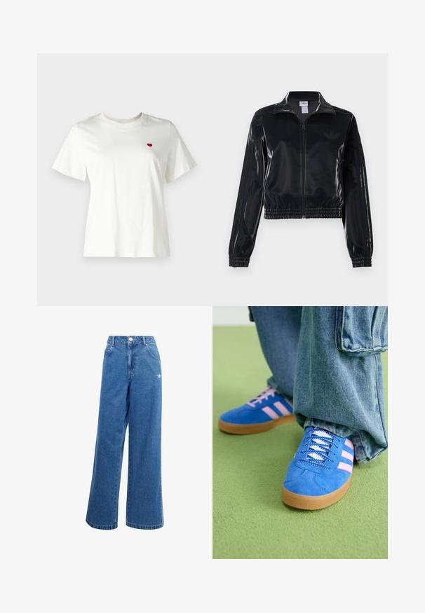 Sort, blank glans zip-jakke med elastiske manchetter og kant, der har diskrete tre-stribe detaljer på ærmerne og et tonalt logo på brystet.; Hvid bomuld t-shirt med korte ærmer og rund hals, med et lille rødt hjerte broderet på venstre brystområde.; Bredde ben blå denim jeans med høj talje, forlommer og et lille hvidt logo detaljeret på hoften. Let falmet tekstur.; Blå ruskindsko med pink striber og hvide snørebånd, med en sål af gummi, parret med løse denimbukser på en grøn overflade.