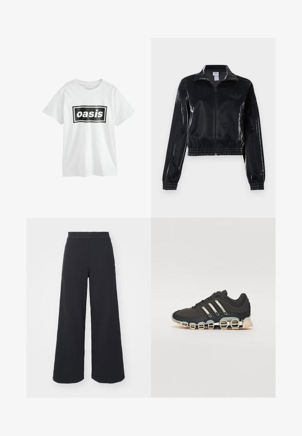 Chaqueta de chándal negra y brillante con cremallera, puños y dobladillo elásticos, que presenta un sutil detalle de tres rayas en las mangas y un logotipo tono sobre tono en el pecho.; Camiseta de algodón blanca con un gráfico rectangular negro que dice "oasis" en letras blancas en negrita, con mangas cortas y cuello redondo.; Pantalones de chándal negros de pierna ancha, hechos de una tela suave, con una cintura elástica y un pequeño logo en el lado izquierdo.; Zapatilla deportiva negra con parte superior texturizada, tres rayas plateadas y una suela de amortiguación distintiva que presenta múltiples secciones integradas.