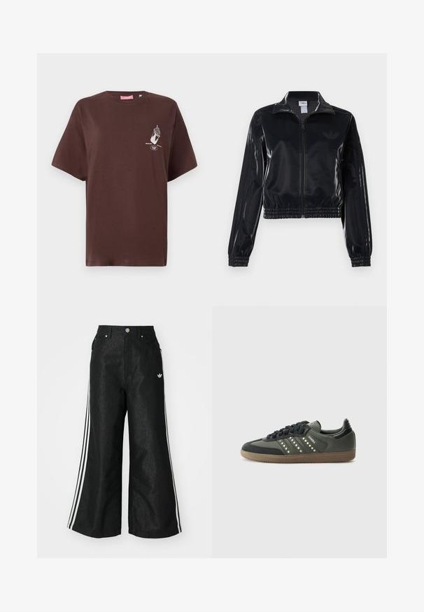 Chaqueta de chándal negra y brillante con cremallera, puños y dobladillo elásticos, que presenta un sutil detalle de tres rayas en las mangas y un logotipo tono sobre tono en el pecho.; Camiseta de algodón marrón con manga corta, cuello redondo y un estampado gráfico en el frente que presenta una mano sosteniendo un cucurucho de helado.; Pantalones de denim anchos y negros con tres franjas blancas en cada lado y un pequeño logo blanco. Cuenta con bolsillos frontales y un cierre de botón.; adidas Originals SAMBA OG - Zapatillas - core black/legend earth/gum