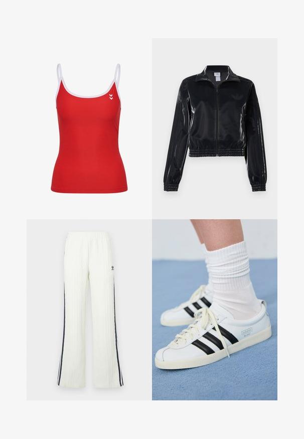 Schwarze, glänzende Trackjacke mit Reißverschluss und elastischen Bündchen und Saum, die dezente Drei-Streifen-Details an den Ärmeln und ein tonales Logo auf der Brust aufweist.; Rotes Tanktop mit weißen Trägern, sportlicher Schnitt und Logodetail auf der linken Brust. Glatte Textur, sportlicher Stil.; Helle cremefarbene Strickhose mit Zopfmuster und ausgestelltem Schnitt. Verfügt über dunkelblaue Seitenstreifen und ein Adidas-Logo an der Hüfte. Elastischer Bund.; Weiße Ledersneaker mit schwarzen Streifen, cremefarbener Sohle und hellen Schnürsenkeln. Getragen mit weißen gerippten Socken, positioniert vor einem blauen Hintergrund.