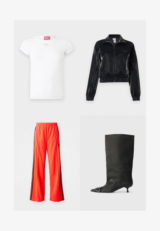 Juodas blizgus zip-up sportinis švarkas su elastinėmis rankovėmis ir apatine dalimi, su subtiliais trimis juostomis ant rankovių ir toniniu logotipu krūtinėje.; Balta trumpa Diesel moteriška marškinėliai su raudona etiketė viduje apykaklės ir mažas rožinis siuvinėtas emblema po kaklo linija.; Ryškiai oranžinės sportinės kelnės su plačiais kojomis, kurios turi juodas šonines juostas ir elastingą juosmenį. Įtrauktas užtrauktuku uždaromas kišenė.; Juodas odinis kulkšninis batas su smailiu pirštu, maža pakulne ir metaline akcentu ant piršto. Lygus, matinio paviršiaus tekstūra visame batus.