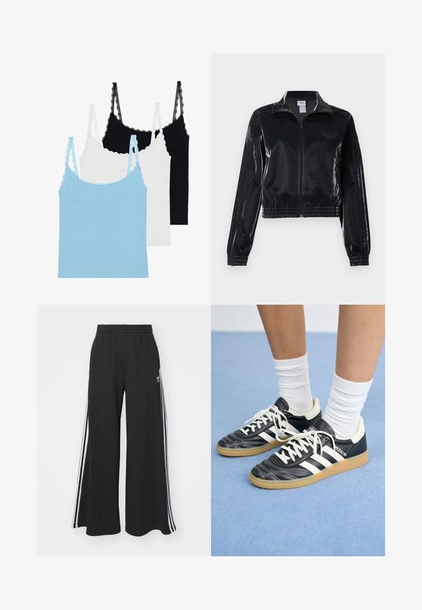 Fekete, fényes, cipzáras sportdzseki elasztikus mandzsettával és aljjal, a mára árnyalatú háromcsíkozás a ujjakon és egy tónusbeli logó a mellkason.; Három csipkúszós pántos top: egy világoskék, egy fehér, és egy fekete. Puha anyagból készült, fitted fazon.; Fekete, bő szárú melegítőnadrág, rugalmas derékkal, fehér oldalsávokkal és hímzett logóval a bal combon.; Fekete bőr sportcipők fehér csíkokkal, kerek orral, fehér fűzővel és gumírozott talppal. Párnázott bokarész és márkajelzések emelik ki.