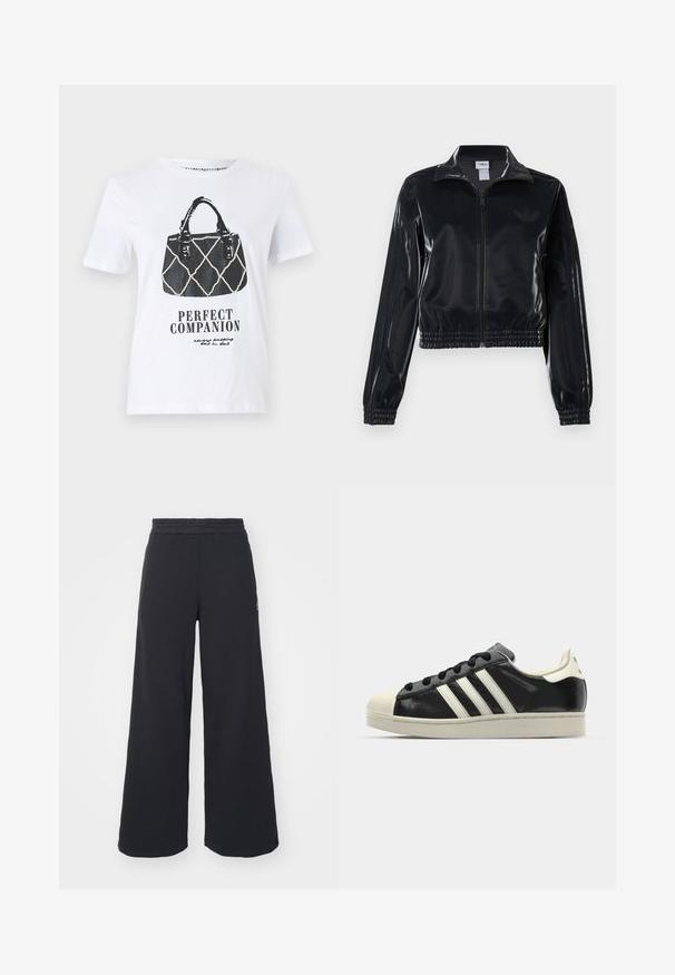 Černá lesklá sportovní bunda na zip s elastickými manžetami a lemem, s jemným trojpruhovým detailem na rukávech a tónovým logem na hrudi.; Bílý tričko s černou grafikou kabelky s prošívaným designem, koženými popruhy a textem "PERFEKTNÍ SPOLEČNÍK" pod ním.; Černé široké tepláky vyrobené z měkké tkaniny, s elastickým pasem a malým logem na levé straně.; Černé kožené sneakers s bílými pruhy, gumovou špičkou, černými tkaničkami a krémovou podešví. Hladký povrch s lesklým finišem.