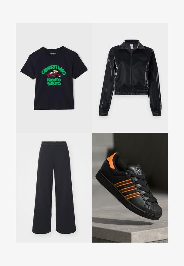 Czarna, błyszcząca kurtka sportowa na zamek błyskawiczny z elastycznymi mankietami i dołem, z subtelnym detalem w postaci trzech pasków na rękawach oraz stonowanym logo na klatce piersiowej.; Czarny bawełniany t-shirt z krótkim rękawem, z kolorową grafiką postaci z kreskówki i napisem "CARHARTT WIP PRONTO SUBITO" w zielonym i czerwonym kolorze.; Czarne szerokie spodnie dresowe wykonane z miękkiego materiału, z elastycznym paskiem w talii oraz małym logo po lewej stronie.; Czarne sneakersy z pomarańczowymi akcentami, trzema poziomymi paseczkami, skórzaną cholewką o teksturowanej powierzchni, gumowym noskiem i czarnymi sznurówkami.