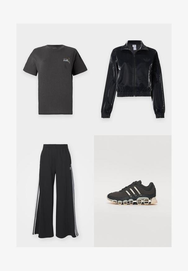 Casaco de treino preto brilhante com fecho éclair, punhos e barra elásticos, apresentando detalhes subtis de três riscas nas mangas e um logótipo tonal no peito.; T-shirt cinza de algodão com mangas curtas. Apresenta um pequeno design bordado multicolorido no peito com o texto "Billing". Ajuste clássico.; Calças de suor largas e pretas com uma cintura elástica, apresentando riscas brancas nas laterais e um logótipo bordado na coxa esquerda.; Shoe desportivo preto com um upper texturizado, três riscas prateadas e uma sola de amortecimento distinta, apresentando múltiplas secções integradas.