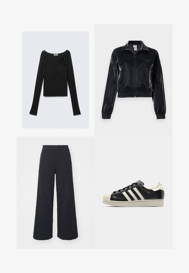 Crna sjajna sportska jakna sa zatvaračem, elastičnim manžetama i donjim rubom, s diskretnim trostrukim detaljima na rukavima i toniranim logotipom na prsima.; Crni dugi rukav majica izrađena od mekog materijala, s drapiranim dizajnom, preklopnim prednjim dijelom i vratom u obliku čamca. Glatka tekstura, skraćena dužina.; Crne široke sweatpants hlače napravljene od mekog materijala, s elastičnim strukom i malim logotipom s lijeve strane.; Crni kožni tenisice s bijelim prugama, gumeni zaštitni vrh, crne vezice i bijela potplata boje krem. Glatka tekstura s sjajnim završetkom.