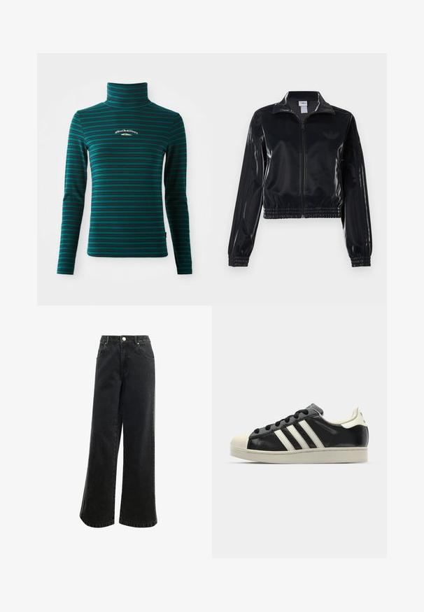 Crna sjajna sportska jakna sa zatvaračem, elastičnim manžetama i donjim rubom, s diskretnim trostrukim detaljima na rukavima i toniranim logotipom na prsima.; Dugi rukav turtleneck majica u tirkiznoj boji s tamnoplavim horizontalnim prugama. Sadrži mali bijeli i zlatni logo na prsima. Mekani i elastični materijal.; Crne traperice visokog struka sa širokim nogavicama, zatvaranjem na dugme, pet džepova i malim izvezenim logotipom sprijeda. Tekstura tkanine.; Crni kožni tenisice s bijelim prugama, gumeni zaštitni vrh, crne vezice i bijela potplata boje krem. Glatka tekstura s sjajnim završetkom.