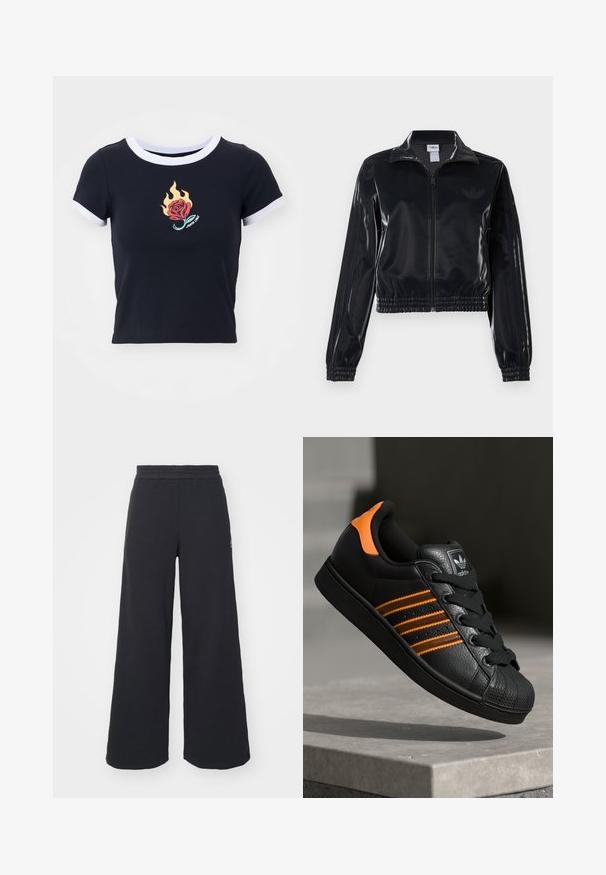 Casaco de treino preto brilhante com fecho éclair, punhos e barra elásticos, apresentando detalhes subtis de três riscas nas mangas e um logótipo tonal no peito.; T-shirt preta de manga curta com um decote redondo branco. Apresenta um gráfico de rosa flamejante com chamas vermelhas e laranjas, e o texto "Santa Cruz" abaixo.; Calças de fato largas, pretas, feitas de tecido macio, com uma cintura elástica e um pequeno logótipo do lado esquerdo.; Sapatilha preta com detalhes laranja, três riscas horizontais, parte superior em couro texturizado, bico de borracha e atacadores pretos.