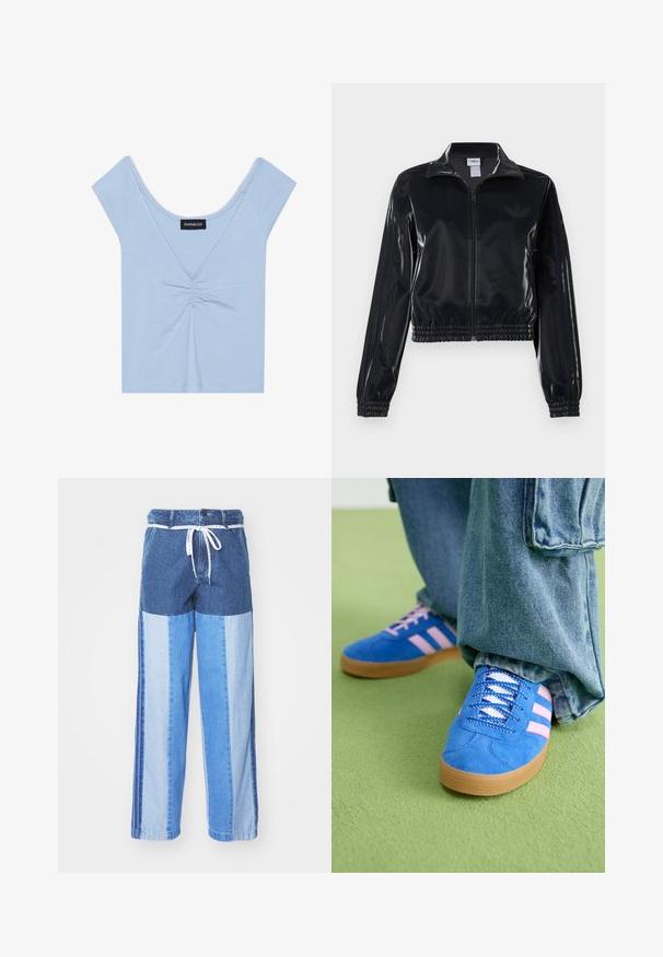 Schwarze, glänzende Trackjacke mit Reißverschluss und elastischen Bündchen und Saum, die dezente Drei-Streifen-Details an den Ärmeln und ein tonales Logo auf der Brust aufweist.; Helles blaues Kurzarmoberteil aus weichem Stoff, mit gerafftem Vorderteil, Rundhalsausschnitt und gewelltem Saum entlang des Ausschnitts.; Blaue Denim-Hosen mit einem Patchwork-Design in verschiedenen Blautönen, einem Kordelzugbund und lockeren, gerade geschnittenen Beinen.; Blaue Wildlederschuhe mit rosa Streifen und weißen Schnürsenkeln, ausgestattet mit einer Gummisohle, kombiniert mit lockeren Jeanshosen auf einer grünen Fläche.