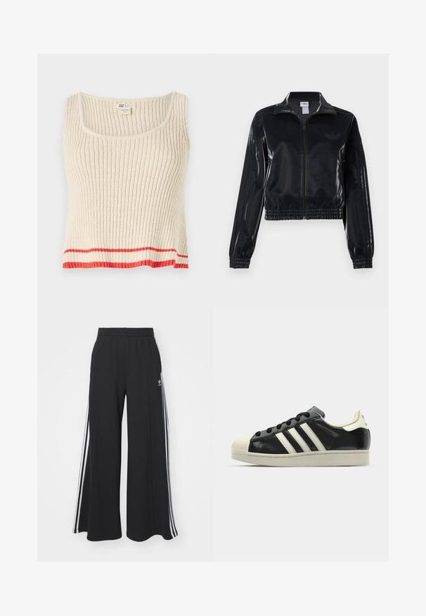 Sort, blank glans zip-jakke med elastiske manchetter og kant, der har diskrete tre-stribe detaljer på ærmerne og et tonalt logo på brystet.; Cremefarvet ribbet tanktop med rund halsudskæring og en rød horisontal stribe ved kanten. Blødt, struktureret stof med en afslappet pasform.; Sorte brede sweatpants med elastisk talje, med hvide sidelommer og et broderet logo på venstre lår.; Sort lædersneakers med hvide striber, gummitåkap, sorte snørebånd og en cremefarvet ydersål. Glat tekstur med blank overflade.
