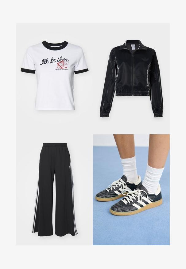 Črna sijajna zip-up trenirka z elastičnimi manšetami in robom, z diskretnimi tridelnimi detajli na rokavih in toniranim logotipom na prsih.; Bela bomba z majico z črnimi rebrastimi ovratniki in manšetami. Na voljo je napis "Pridružil se bom" in grafični dizajn s harfo.; Črne široke trenirke z elastičnim pasom, ki imajo bele stranske proge in vezeno logo na levi stegna.; Črne usnjene superge z belimi črtami, okroglo konico, belimi vezalkami in gumijastim podplatom. Poudarjene z oblazinjenim ovratnikom in detajli blagovne znamke.