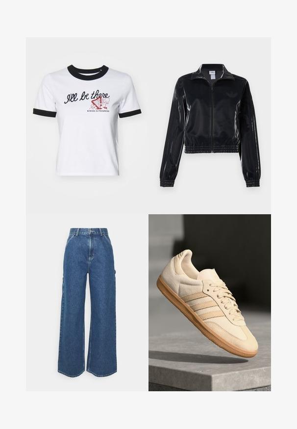 Black glossy zip-up track jacket with elastic cuffs and hem, featuring subtle three-stripe detailing on sleeves and a tonal logo on chest.; White cotton t-shirt with black ribbed collar and cuffs. Features text "I'll be there" and a graphic design with a harp.; Wide-leg blue denim trousers with a high waist, contrasting stitching, and side pockets, featuring a classic five-pocket design and raw hems.; Light beige suede sneaker with gum outsole, three diagonal stripes, and a textured toe cap. Features logo on the tongue and side.