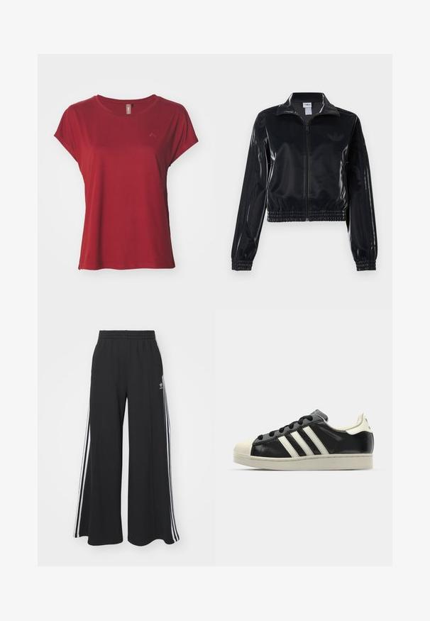 Črna sijajna zip-up trenirka z elastičnimi manšetami in robom, z diskretnimi tridelnimi detajli na rokavih in toniranim logotipom na prsih.; ONLY Play ONPAUBREE LIFE ON BAT LOOSE - Športne majice - sun-dried tomato; Črne široke trenirke z elastičnim pasom, ki imajo bele stranske proge in vezeno logo na levi stegna.; Črne usnjene superge z belimi črtami, gumijastim pokrovom za prste, črnimi vezalkami in kremasto obrobo podplata. Gladka tekstura z sijočim zaključkom.