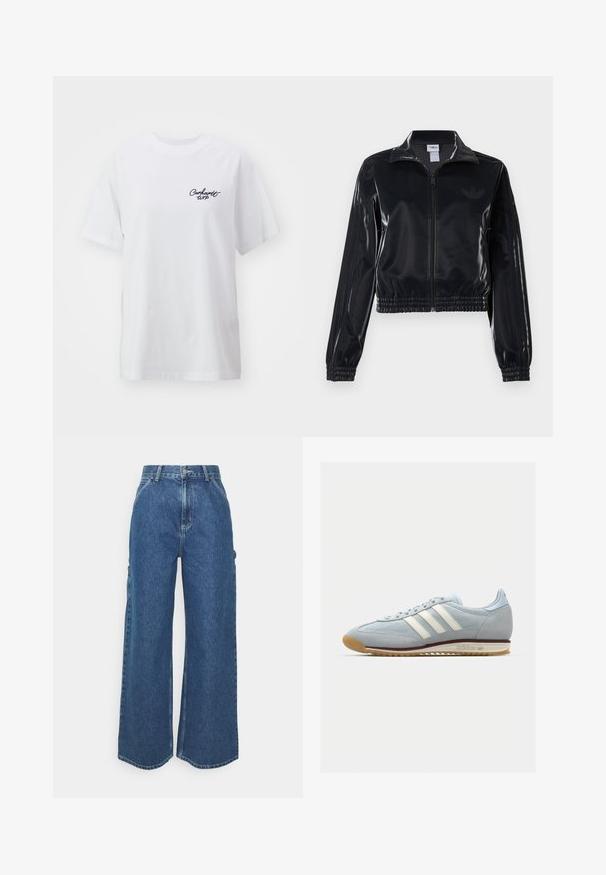 Svart, glinsende zip-up treningsjakke med elastiske mansjetter og nederkant, med subtile tre-stripes detaljer på ermene og en tonet logo på brystet.; Hvit bomull T-skjorte med avslappet passform. Har korte ermer og en liten svart "Carhartt WIP" logo på venstre bryst.; Videbeinete blå denimbukser med høy midje, kontraststing, og sidelommer, med et klassisk fem-lommers design og rå kanter.; Lys blå semsket sneakers med hvite tre striper, gummisåle og teksturert mesh. Har en jevn tåhette og merkevare på hælen.