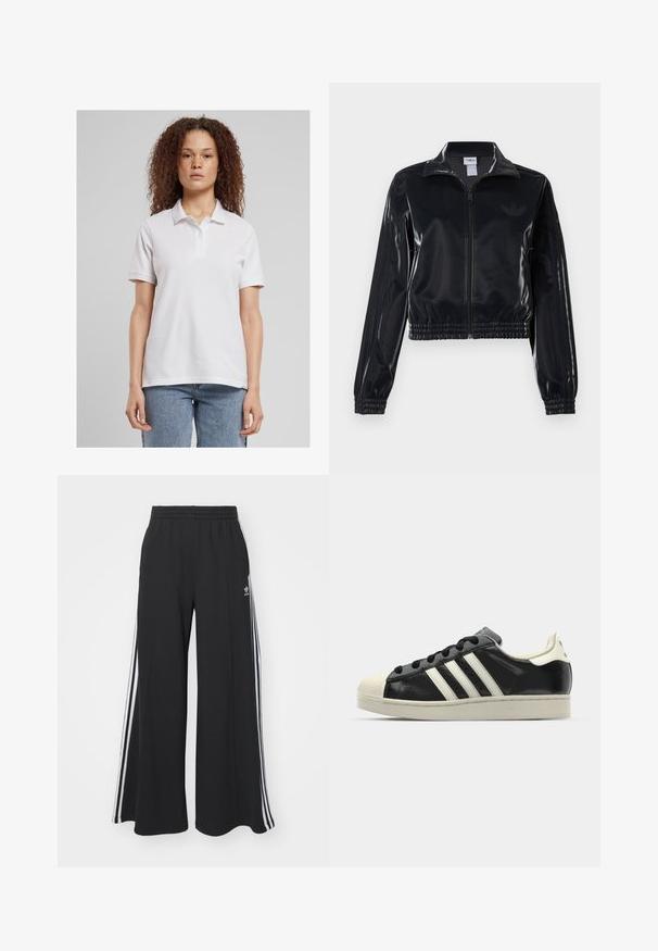 Zwarte glanzende zip-up trainingsjack met elastische mouwen en zoom, met subtiele drie-strepen details op de mouwen en een tonale logo op de borst.; Witte polo met een kraag en drie knopen, gemaakt van gladde stof. Korte mouwen, relaxte pasvorm, gecombineerd met lichtblauwe jeans.; Zwarte wijde sweatpants met een elastische tailleband, met witte zijstrepen en een geborduurd logo op de linker dij.; Zwarte leren sneaker met witte strepen, rubberen teenbescherming, zwarte veters en een crèmekleurige loopzool. Glad oppervlak met een glanzende afwerking.