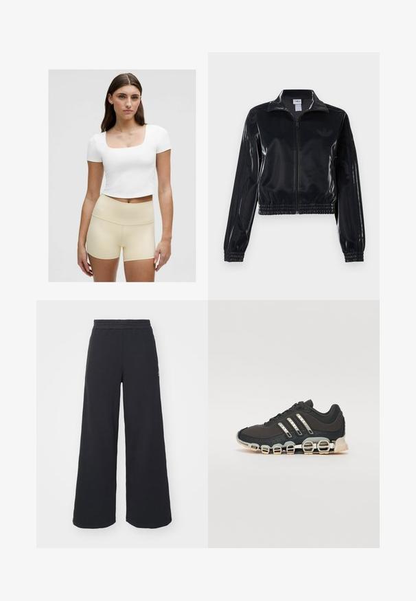 Must tume läikiv tõmblukuga spordijakk elastsete ääriste ja hemiga, millel on varrukatel peened kolmerealised detailid ja toon-on-tone logo rinnal.; Valge lühike t-särk ruudu kaelusega, koos helebeežide kõrge vöökohaga lühikesed püksid, sile kangas, sobiv disain.; Mustad laiad spordipüksid, mis on valmistatud pehmest kangast, elastse vöökohtaga ja väikese logoga vasakul küljel.; Must have sportlik kingad musta värvi, millel on tekstuuriga pealisosa, kolm hõbedast triipu ja eristuv pehmendusnähtus, millel on mitmed integreeritud osad.