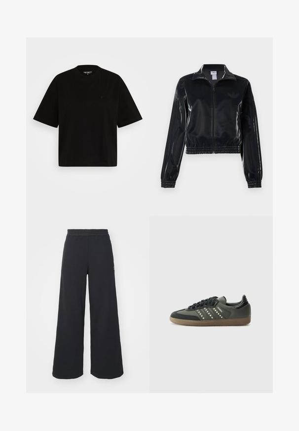 Čierna lesklá zipsová športová bunda s elastickými manžetami a spodným lemom, ktorá má jemné trojpruhové detaily na rukávoch a tonálny logotyp na hrudi.; Čierne bavlnené tričko s voľným strihom, krátkymi rukávmi, okrúhlym výstrihom a malým logom na ľavej hrudi.; Čierne širšie tepláky vyrobené z mäkkej látky, s elastickým pásom a malým logom na ľavej strane.; adidas Originals SAMBA OG - Tenisky - core black/legend earth/gum