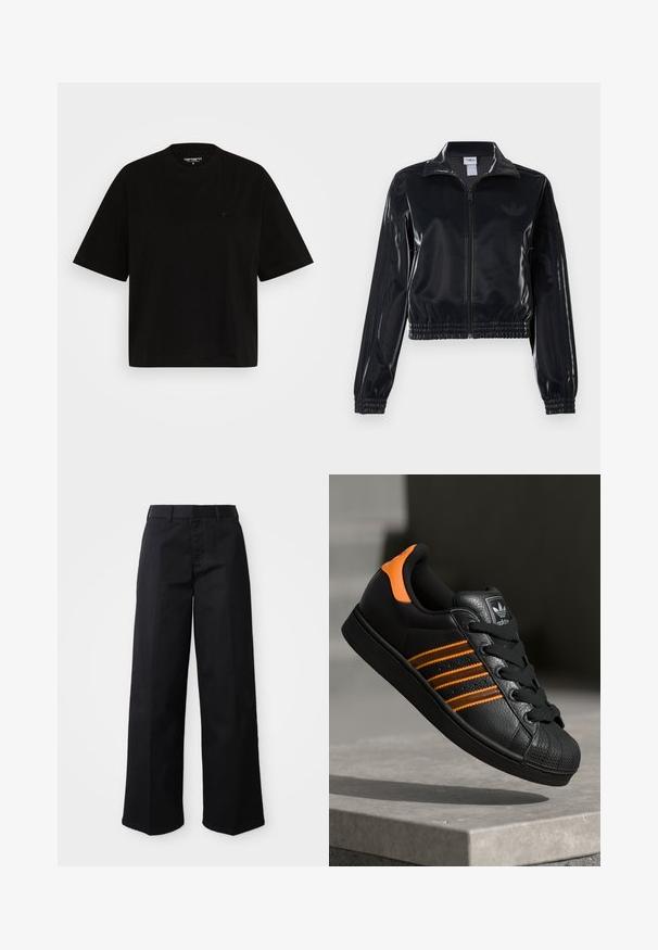 Melna spīdīga zip-up sporta jaka ar elastīgām piedurknēm un apakšmalu, ar smalku trīsrindu detaļu uz piedurknēm un tonālu logotipu uz krūšu daļas.; Melnas kokvilnas T-krekls ar brīvu piegriezumu, īsām piedurknēm, apaļu kakla izgriezumu un mazu logotipa detaļu kreisajā krūtīs.; Melni plaši bikses, izgatavotas no mīksta kokvilnas auduma. Tām ir klasiskas jostas, sānu kabatas un taisna griezuma apakša.; Melnas kedas ar oranžiem akcentiem, trīs horizontālas svītras, teksturēts ādas augšdaļa, gumijas purngala daļa un melnas auklas.