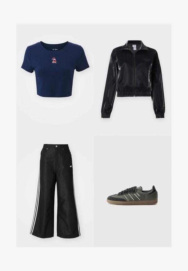 Melna spīdīga zip-up sporta jaka ar elastīgām piedurknēm un apakšmalu, ar smalku trīsrindu detaļu uz piedurknēm un tonālu logotipu uz krūšu daļas.; GAP TEE - Apdrukāts T-krekls - navy uniform; Melni platās kājas džinsi ar trim baltām svītrām katrā pusē un mazu baltu logotipu. Iezīmē priekšējos kabatas un pogu aizdari.; adidas Originals SAMBA OG - Sporta apavi - core black/legend earth/gum