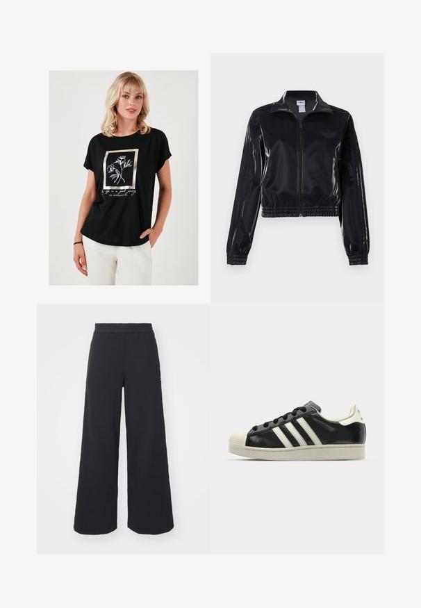 Must tume läikiv tõmblukuga spordijakk elastsete ääriste ja hemiga, millel on varrukatel peened kolmerealised detailid ja toon-on-tone logo rinnal.; Mustast lühikese varrukaga t-särk, millel on metallik kuldse raami ja lillede kujundus ning valge tekst. Valmistatud siledast ja kergest kangast.; Mustad laiad spordipüksid, mis on valmistatud pehmest kangast, elastse vöökohtaga ja väikese logoga vasakul küljel.; Must have nahkased mustad tossud valgete triipudega, kummist varbakattega, mustade paeltega ja kreemika värvusega tallaga. Sile tekstuur ja läikiv viimistlus.