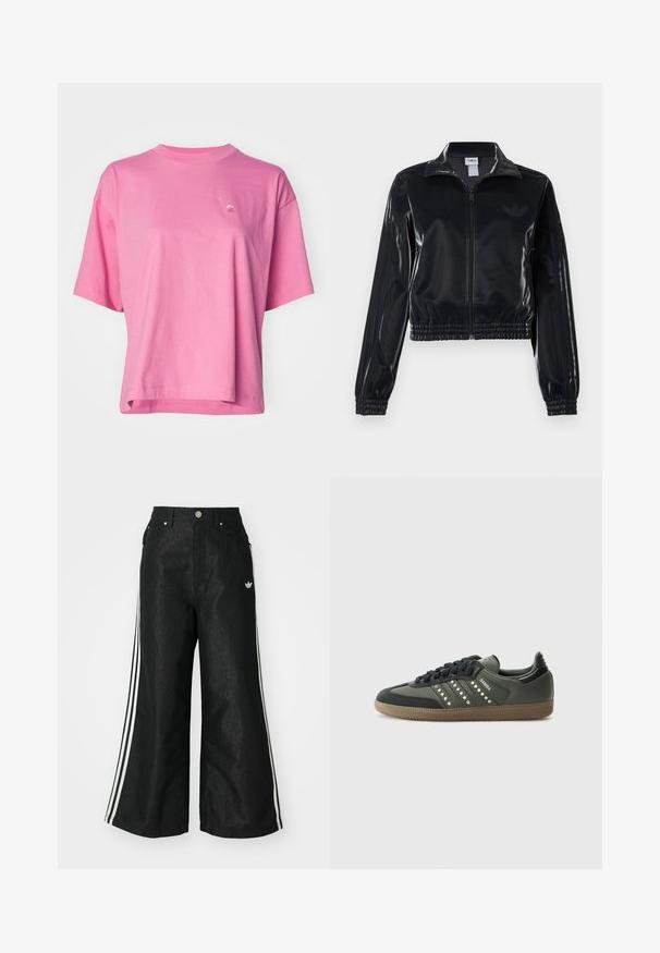 Černá lesklá sportovní bunda na zip s elastickými manžetami a lemem, s jemným trojpruhovým detailem na rukávech a tónovým logem na hrudi.; Carhartt WIP CHESTER - Jednoduché tričko - charm pink; Černé široké džíny s třemi bílými pruhy po stranách a malým bílým logem. Obsahují přední kapsy a zapínání na knoflík.; adidas Originals SAMBA OG - Tenisky - core black/legend earth/gum