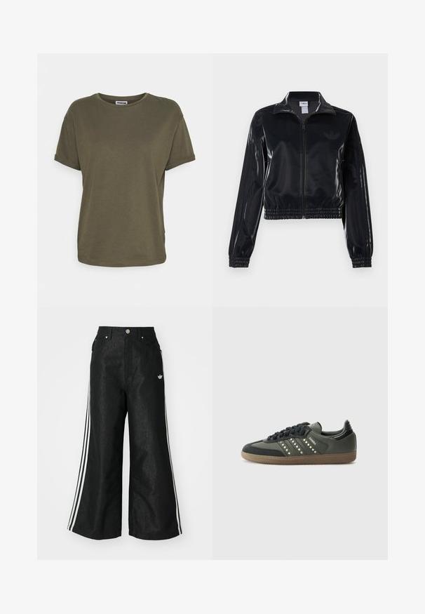 Černá lesklá sportovní bunda na zip s elastickými manžetami a lemem, s jemným trojpruhovým detailem na rukávech a tónovým logem na hrudi.; Noisy May Jednoduché tričko - kalamata; Černé široké džíny s třemi bílými pruhy po stranách a malým bílým logem. Obsahují přední kapsy a zapínání na knoflík.; adidas Originals SAMBA OG - Tenisky - core black/legend earth/gum