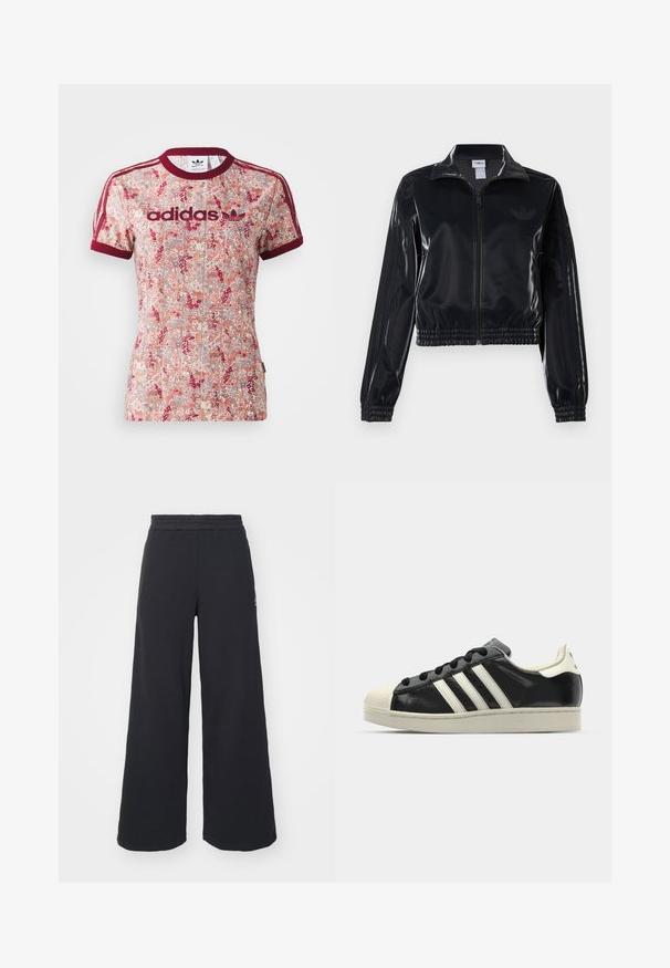 Μαύρο γυαλιστερό ζακέτα με φερμουάρ και ελαστικούς καρπούς και στρίφωμα, με διακριτικές τρεις λωρίδες στα μανίκια και λογότυπο σε τονική απόχρωση στο στήθος.; T-shirt της Adidas με λουλουδάτο σχέδιο σε αποχρώσεις κόκκινου και κρέμα, μαρoon ριμπ μανίκια και λαιμόκοψη, με το λογότυπο της Adidas σε μαρoon.; Μαύρα ανοιχτά παντελόνια φόρμας από μαλακό υλικό, με ελαστική μέση και μικρό λογότυπο στην αριστερή πλευρά.; Μαύρα δερμάτινα sneakers με λευκές ρίγες, καουτσούκ προστατευτικό στην μύτη, μαύρα κορδόνια και κρεμ outsole. Λείος υφής με γυαλιστερή φινίρισμα.