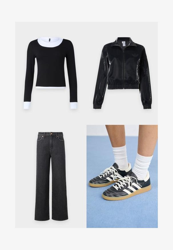 Schwarze, glänzende Trackjacke mit Reißverschluss und elastischen Bündchen und Saum, die dezente Drei-Streifen-Details an den Ärmeln und ein tonales Logo auf der Brust aufweist.; Schwarzes Langarmoberteil mit gerippter Struktur, ausgestattet mit einem weißen Rundhalsausschnitt und Bündchen. Das Design ist tailliert und endet an der Taille.; Schwarze weit geschnittene Jeans aus Denim, mit hoher Taille, fünf Taschen und kupferfarbener Hardware. Glatte Textur mit minimalem Branding.; Schwarze Ledersneaker mit weißen Streifen, runder Zehenpartie, weißen Schnürsenkeln und Gummisohle. Abgerundet durch gepolsterten Kragen und Branding-Details.