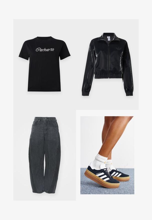 Veste de survêtement noire brillante à fermeture éclair, avec des poignets et un ourlet élastiques, arborant de subtils détails à trois rayures sur les manches et un logo ton sur ton sur le torse.; T-shirt en coton noir à manches courtes et encolure ronde. Présente le logo "Carhartt" en blanc, dans un design texturé ressemblant à une chaîne sur la poitrine.; Jean en denim noir ample avec une finition délavée, cinq poches, une fermeture par bouton à la taille et des coutures sur le devant et sur les côtés.; Baskets en daim noir avec des rayures et des accents blancs, bout arrondi, semelle extérieure en caoutchouc gomme, associées à des chaussettes blanches côtelées mi-mollet.