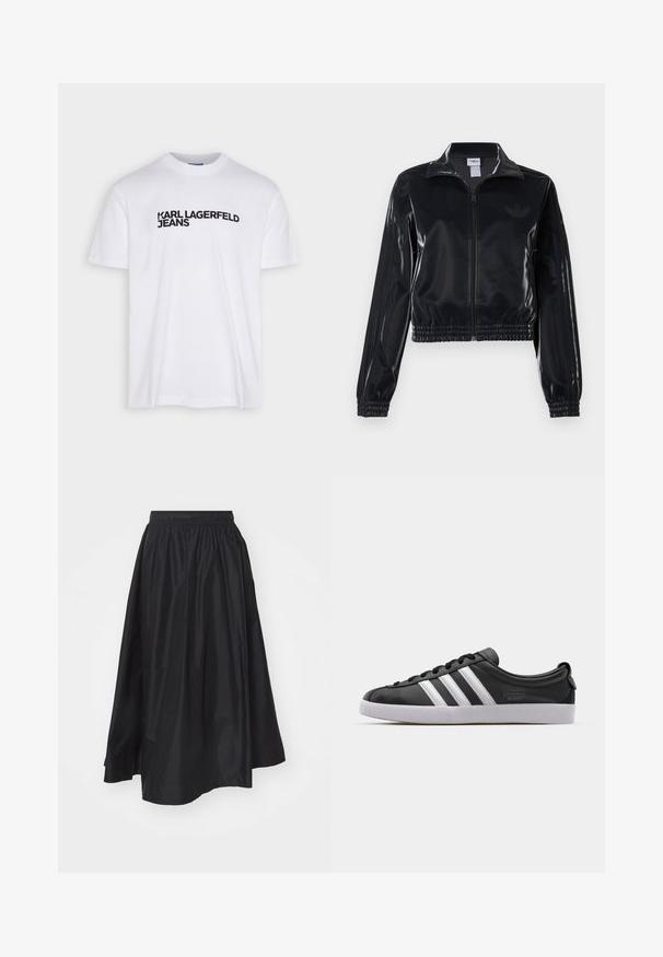 Melna spīdīga zip-up sporta jaka ar elastīgām piedurknēm un apakšmalu, ar smalku trīsrindu detaļu uz piedurknēm un tonālu logotipu uz krūšu daļas.; Balts kokvilnas T-krekls ar apaļu izgriezumu, ar melnu drukātu logo tekstu "KARL LAGERFELD JEANS" uz krūtīm.; Melna, līdz ceļiem garš svārku, izgatavots no viegla auduma, ar elastīgu jostasvietu un paplatinātu dizainu, kas nodrošina kustību brīvību.; Melnas ādas sporta kurpes ar baltu trīs svītru dizainu, noapaļota purngala forma, plāns balts gumijas zole un zīmola detaļa sānos.