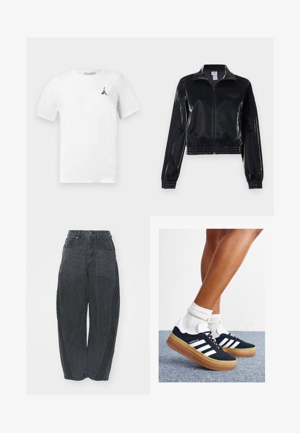 Melna spīdīga zip-up sporta jaka ar elastīgām piedurknēm un apakšmalu, ar smalku trīsrindu detaļu uz piedurknēm un tonālu logotipu uz krūšu daļas.; Balta kokvilnas T-kreklu ar apaļu kakla izgriezumu, kurā uz kreisā krūšu ir neliels melns Eifeļa torņa logo. Īsas piedurknes un brīvs griezums.; Lielas melnas džinsu bikses ar izbalējušu apdari, piecām kabatām, vidukļa pogu aizdari un izšuvumiem priekšpusē un sānos.; Melnas zamšādas sporta kurpes ar baltām svītrām un akcentiem, apaļa purngala daļa, gumijas zole, kopā ar baltām ribotām sporta zeķēm.
