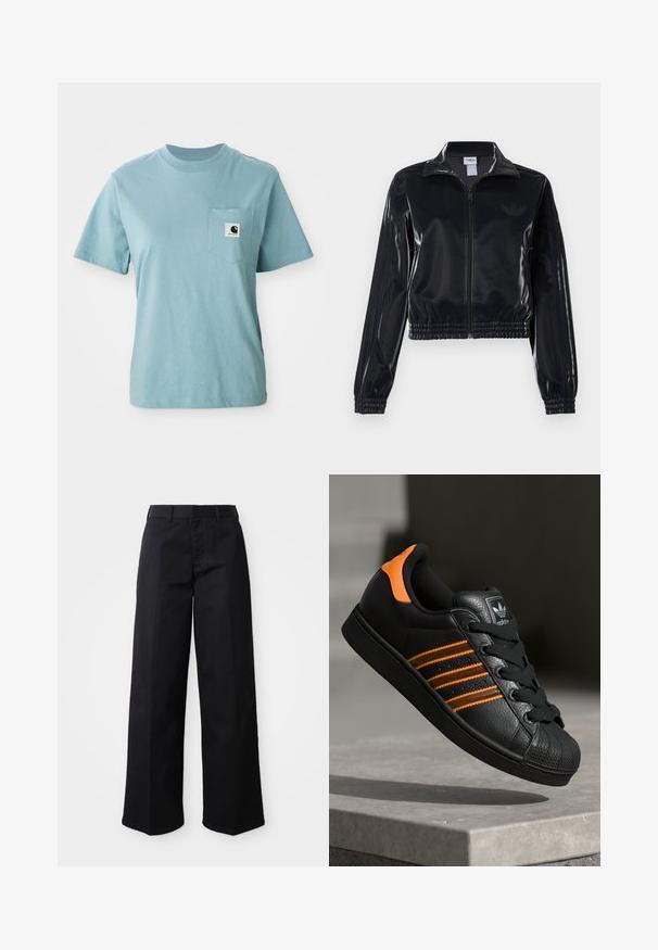 Juodas blizgus zip-up sportinis švarkas su elastinėmis rankovėmis ir apatine dalimi, su subtiliais trimis juostomis ant rankovių ir toniniu logotipu krūtinėje.; Šviesiai mėlynas trumpomis rankovėmis medvilninis marškinėlis su krūtinės kišene, kuri turi mažą juodai baltą Carhartt logotipą.; Juodos plačios kelnės, pagamintos iš minkštos medvilnės. Yra klasikinė juosmens juosta, šoninės kišenės ir tiesus kirpimas iki hemų.; Juodas sportinis batelis su oranžiniais akcentais, trimis horizontaliomis juostelėmis, tekstūruota odinė viršutinė dalis, guminiu nosių dangteliu ir juodomis raišteliais.
