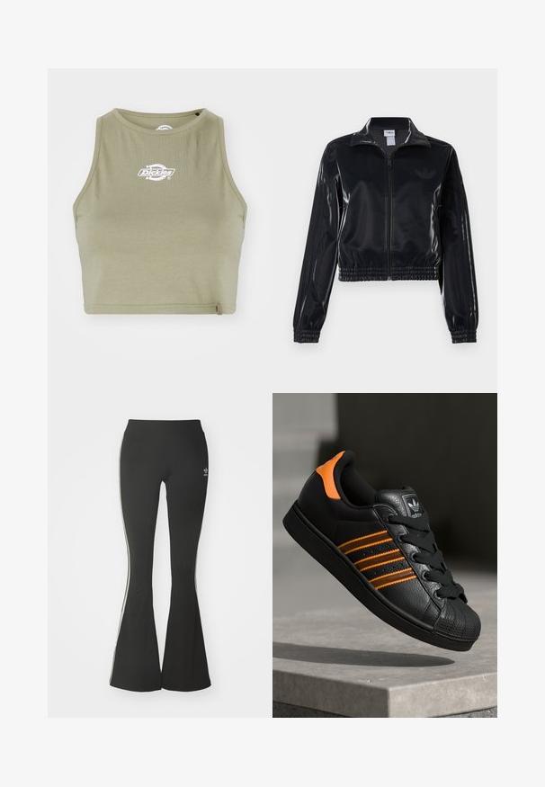 Černá lesklá sportovní bunda na zip s elastickými manžetami a lemem, s jemným trojpruhovým detailem na rukávech a tónovým logem na hrudi.; Dickies POWERS - Top - imperial green; Černé rozšířené legíny z elastického materiálu s vysokým pasem a bílými bočními pruhy. Obsahují malé logo v pase.; Černé tenisky s oranžovými akcenty, třemi horizontálními pruhy, texturovaným koženým svrškem, gumovou špicí a černými tkaničkami.