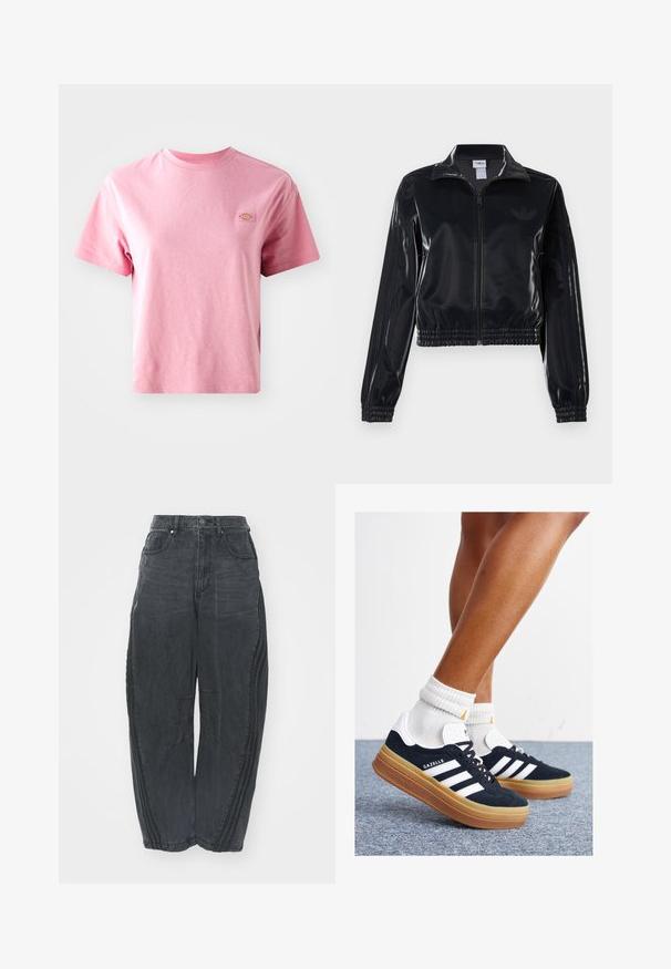 Černá lesklá sportovní bunda na zip s elastickými manžetami a lemem, s jemným trojpruhovým detailem na rukávech a tónovým logem na hrudi.; Růžové bavlněné tričko s krátkým rukávem, kulatým výstřihem a obdélníkovou nášivkou na levé straně hrudi. Hladká textura, volný střih.; Pohodlné černé džíny z denimu s opraným vzhledem, pěti kapsami, zapínáním na knoflík v pase a prošíváním na přední straně a bocích.; Černé semišové tenisky s bílými pruhy a detaily, zaoblenou špičkou, podrážkou z gumy barvy žvýkačky, doplněné bílými žebrovanými ponožkami ke kotníkům.