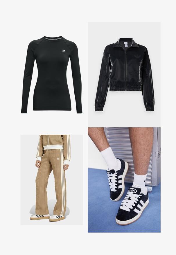 Zwarte glanzende zip-up trainingsjack met elastische mouwen en zoom, met subtiele drie-strepen details op de mouwen en een tonale logo op de borst.; Zwart sportshirt met lange mouwen van rekbaar materiaal, met een ronde hals, raglanmouwen en een klein logo op de borst.; Bruine kabelgebreide broeken met witte zijstrepen en een adidas-logo. Gecombineerd met witte sneakers met zwarte strepen.; Zwarte suède sneakers met witte veters en drie witte strepen. Heeft een cirkelvormig zwart logo op de tong en een gumrubberen zool.