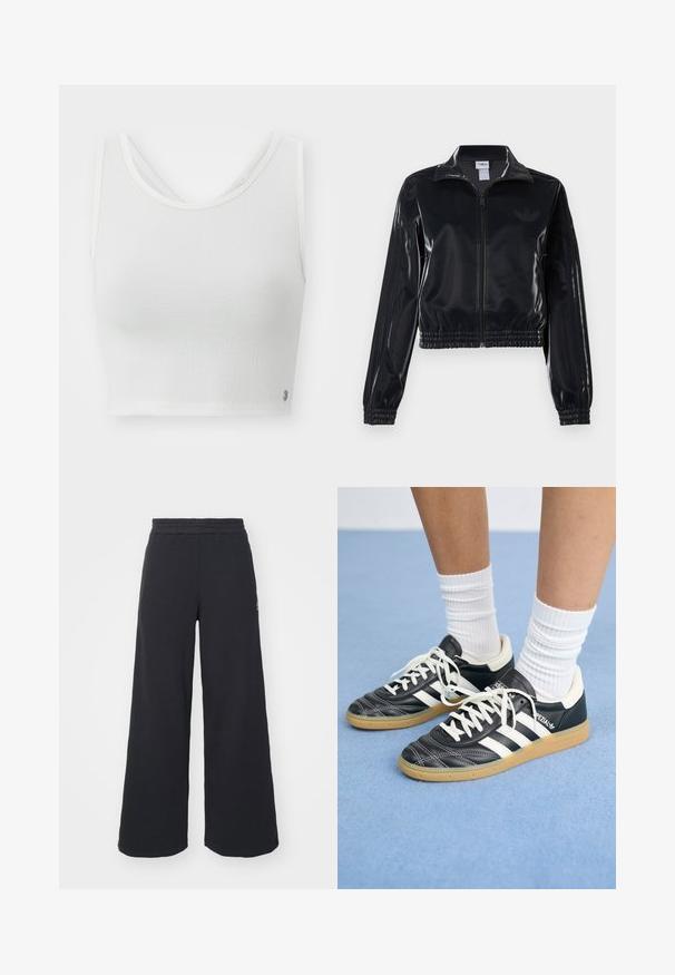 Svart, glinsende zip-up treningsjakke med elastiske mansjetter og nederkant, med subtile tre-stripes detaljer på ermene og en tonet logo på brystet.; Hvit crop-top med teksturert stoff, rund hals og lagdelt bakdesign med en liten logoakcent på siden.; Svart bukse med vid benvidde laget av myk stoff, med elastisk midjebånd og en liten logo på venstre side.; Sorte lærersneakers med hvite striper, rund tå, hvite snørebånd og såle av gummigummi. Fremhevet med polstret krage og merkeinfos.