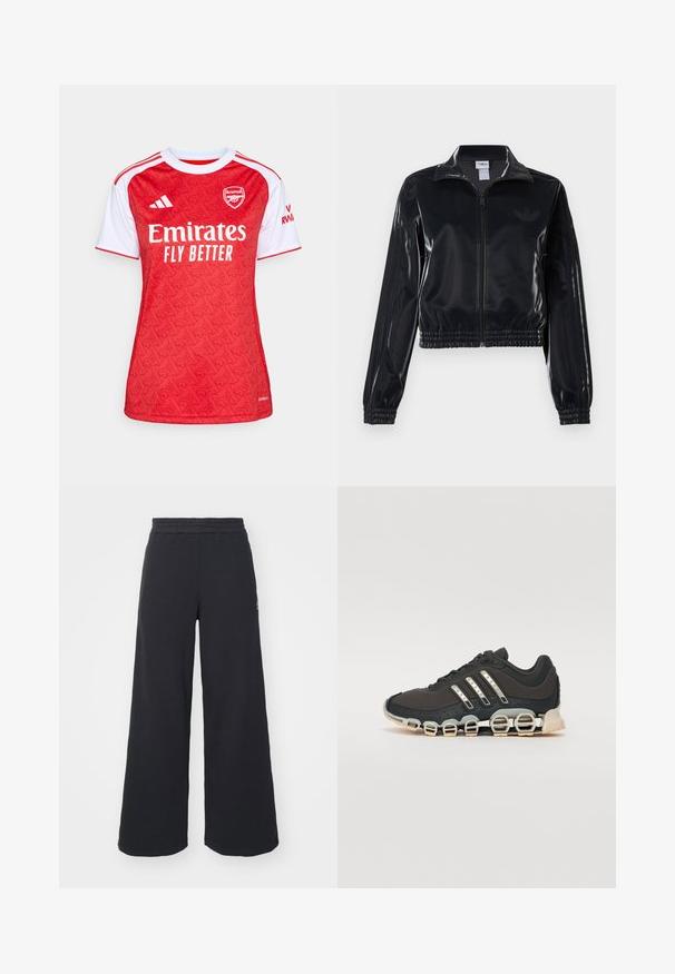 Veste de survêtement noire brillante à fermeture éclair, avec des poignets et un ourlet élastiques, arborant de subtils détails à trois rayures sur les manches et un logo ton sur ton sur le torse.; Maillot de football rouge et blanc avec un design à motifs, col rond, manches courtes et logo "Emirates Fly Better" à l'avant.; Pantalons de survêtement larges noirs en tissu doux, dotés d'une taille élastique et d'un petit logo sur le côté gauche.; Chaussure de sport noire avec un dessus texturé, trois bandes argentées et une semelle amortissante distinctive comportant plusieurs sections intégrées.