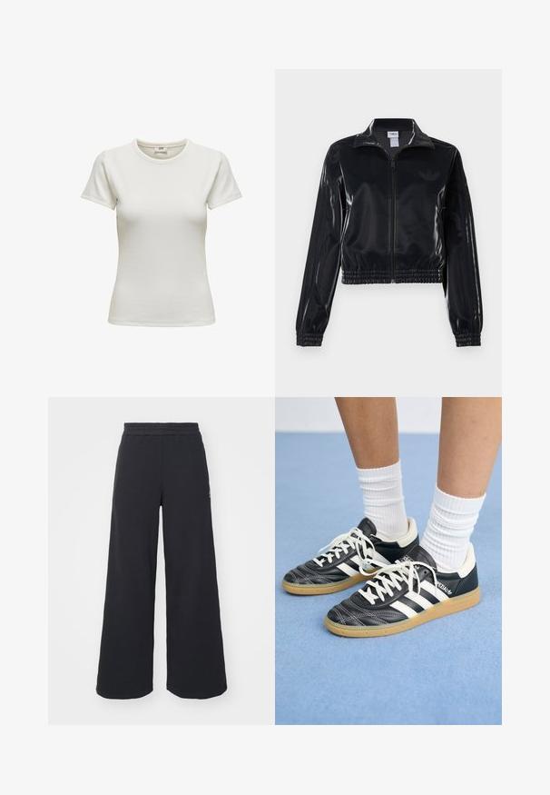 Must tume läikiv tõmblukuga spordijakk elastsete ääriste ja hemiga, millel on varrukatel peened kolmerealised detailid ja toon-on-tone logo rinnal.; Valge lühikeste varrukatega T-särk ümmarguse kaelusega, valmistatud ribakanga materjalist. Sile tekstuur ja keha lähenev kuju. Silt on nähtav kaelas.; Mustad laiad spordipüksid, mis on valmistatud pehmest kangast, elastse vöökohtaga ja väikese logoga vasakul küljel.; Mustad nahast tennisetossud valgete triipudega, ümar nina, valged paelad ja kummist tallad. Esiletõstetud pehmendatud krae ja brändingu detailid.