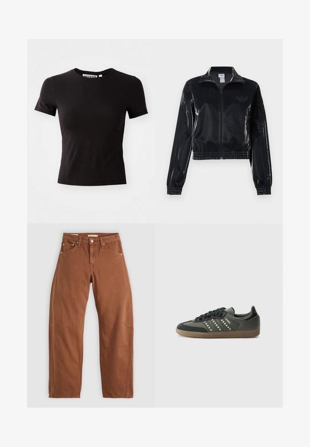 Giacca a piedi nera lucida con zip, dotata di polsini e orlo elastici, con discreti dettagli a tre strisce sulle maniche e un logo tonale sul petto.; T-shirt nero a maniche corte realizzato in un tessuto liscio, con scollo rotondo e una forma aderente. L'etichetta all'interno riporta la scritta "WEEKDAY."; Jeans dritti di colore marrone ruggine con tasche anteriori e posteriori, rivetti metallici, chiusura con bottone e passanti per cintura, disposti su uno sfondo bianco.; adidas Originals SAMBA OG - Sneakers basse - core black/legend earth/gum