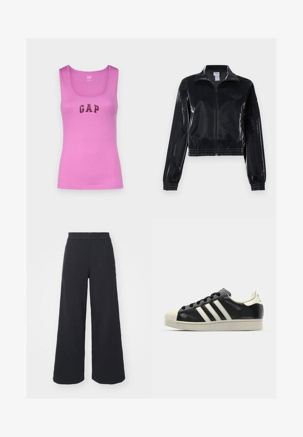 Fekete, fényes, cipzáras sportdzseki elasztikus mandzsettával és aljjal, a mára árnyalatú háromcsíkozás a ujjakon és egy tónusbeli logó a mellkason.; GAP TANK - Felső - budding lilac; Fekete, bő szárú melegítőnadrág, puha anyagból készült, rugalmas derékkal és egy kis logóval a bal oldalon.; Fekete bőrsneaker fehér csíkokkal, gumírozott orral, fekete fűzővel és krém színű talppal. Simaság és fényes felület jellemzi.