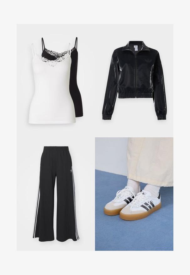 Jachetă sport neagră, lucioasă, cu fermoar, cu manșete și tiv elastic, având detalii subtile cu trei dungi pe mâneci și un logo tonal pe piept.; Două topuri fără mâneci, unul alb și unul negru, cu bretele ajustabile. Topul alb are o dantelă pe marginea gâtului. Textură netedă.; Pantaloni de trening negri cu croială largă, prevăzuți cu un brâu elastic, având dungi laterale albe și un logo brodat pe coapsa stângă.; Adidași albi cu dungi negre și accente din suede bej. Au talpă din cauciuc texturat și șireturi albe plate, purtați cu șosete de culori deschise.